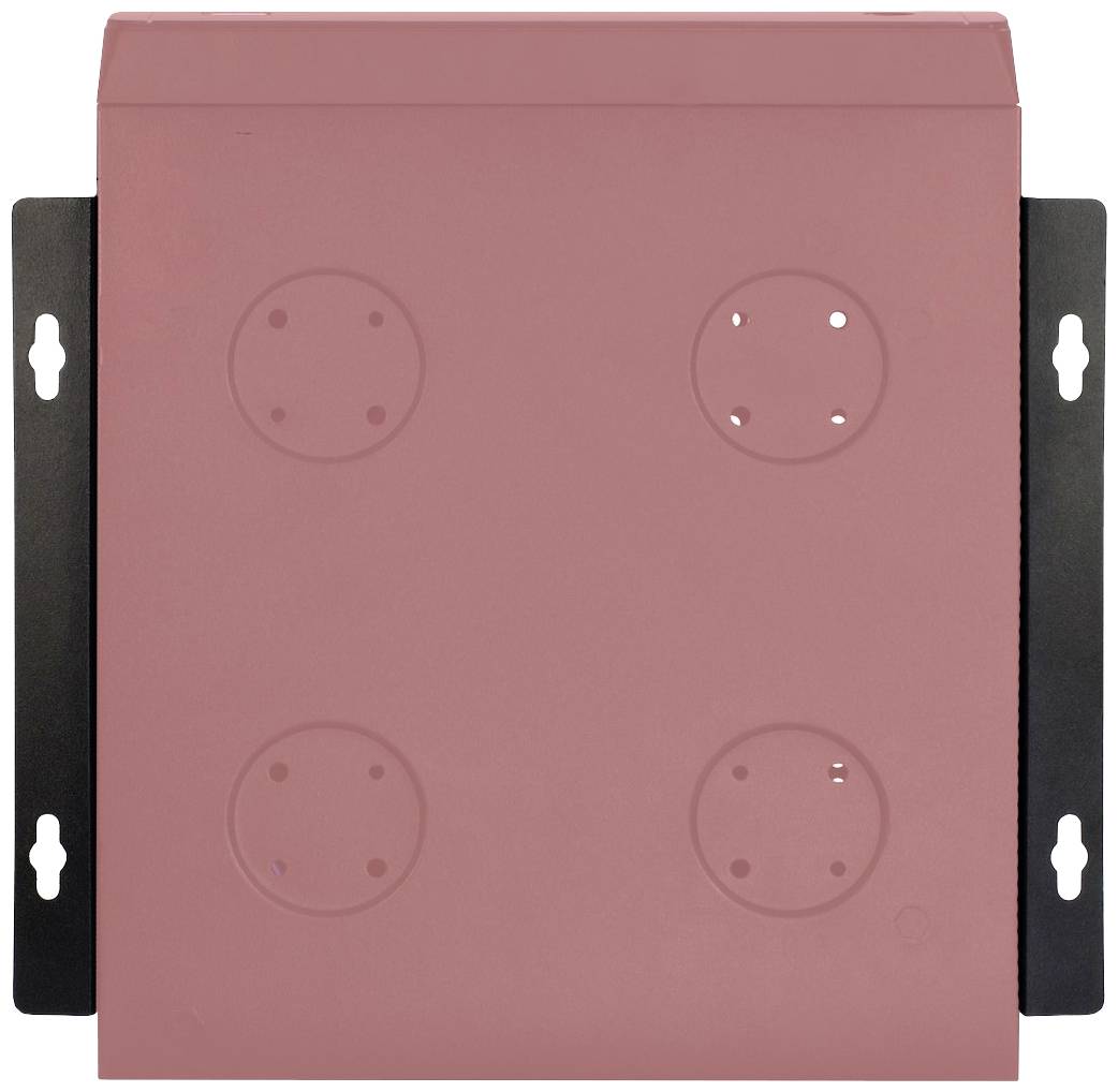 Eine rote Abdeckung mit vier kreisförmigen Erhebungen in jeder Ecke, montiert auf einer schwarzen Halterung.