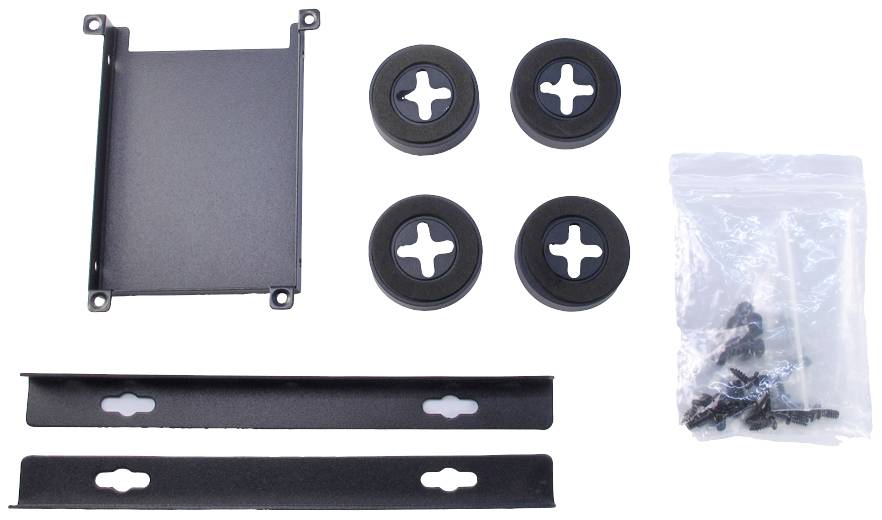 Metallrahmen, vier Kunststoffräder mit Kreuzloch, zwei Metallbefestigungen und eine Tüte mit Schrauben. Zubehörteile für Montage.