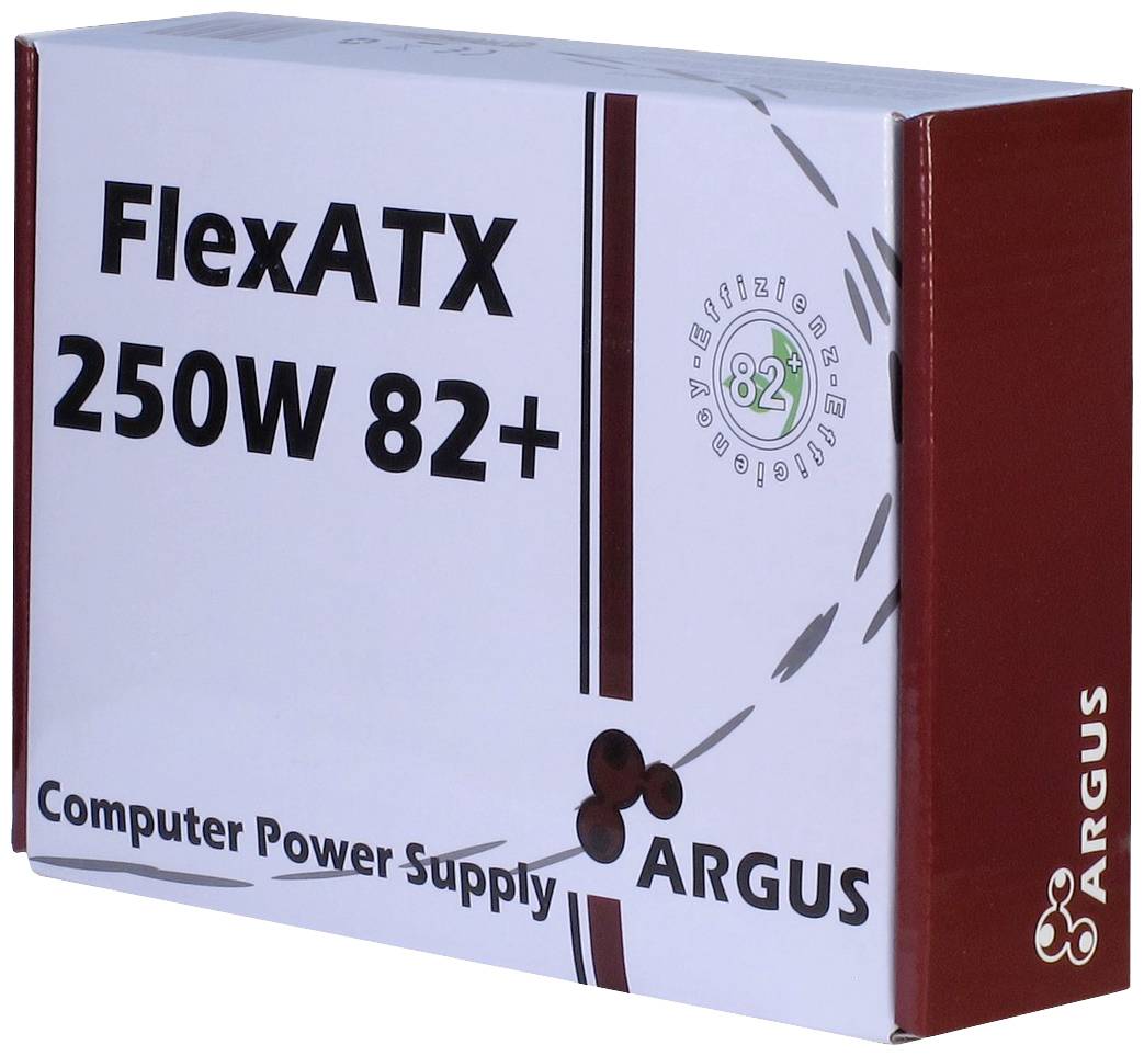 Verpackung eines Argus FlexATX 250W 82+ Computer Netzteils.
