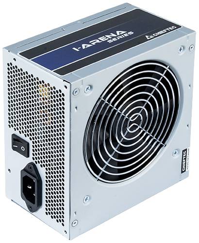 Ein graues Computer-Netzteil mit Lüfter und Lüftungsgitter. Es trägt die Aufschrift 'Arena Series'.