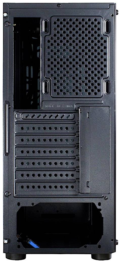 Die Rückseite eines Computergehäuses mit Lüftungsschlitzen, PCI-Steckplätzen und Erweiterungsfach.