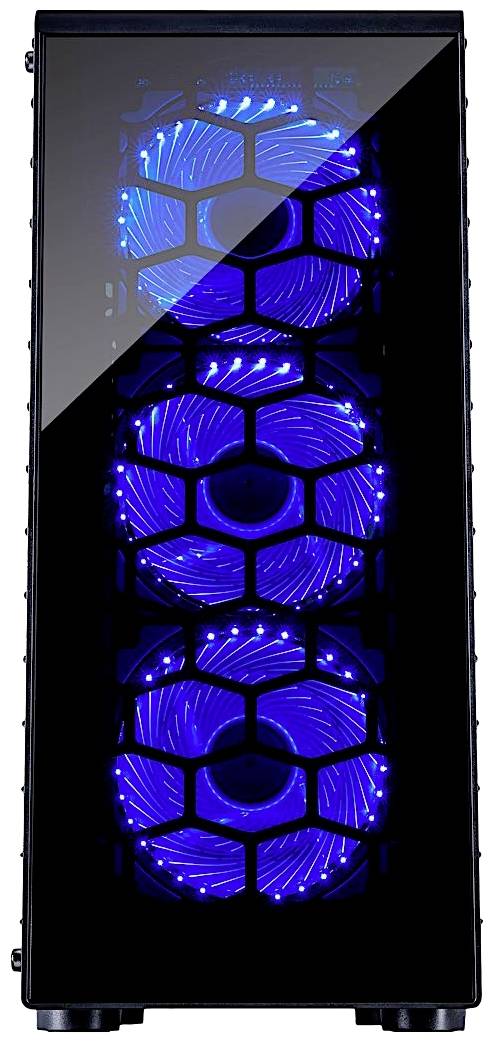 Computertower mit Glasfront, drei sichtbaren blauen LED-Lüftern und schwarzem Rahmen.