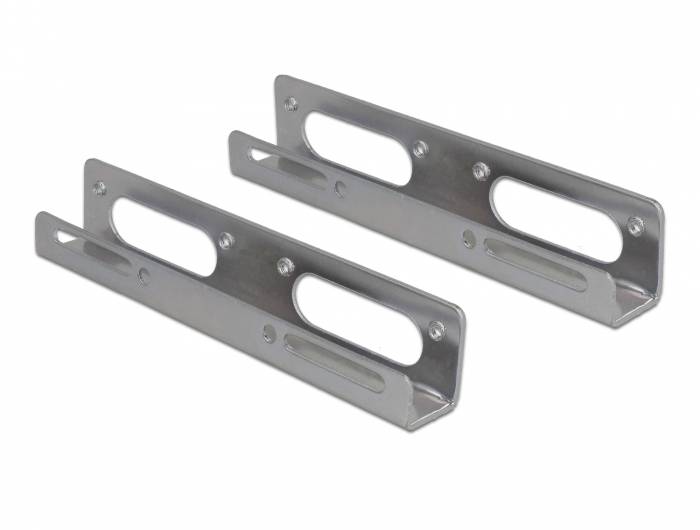 Zwei silberne Metallhalterungen mit ovalen Ausschnitten und Löchern zur Befestigung. Verwendet zur Unterstützung von Strukturen oder Geräten.