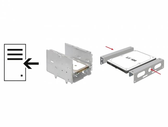 Ein Diagramm zeigt den Einbauprozess einer 3,5-Zoll-Festplatte in einen PC. Pfeile weisen auf die Schraubpositionen der Halterung hin.