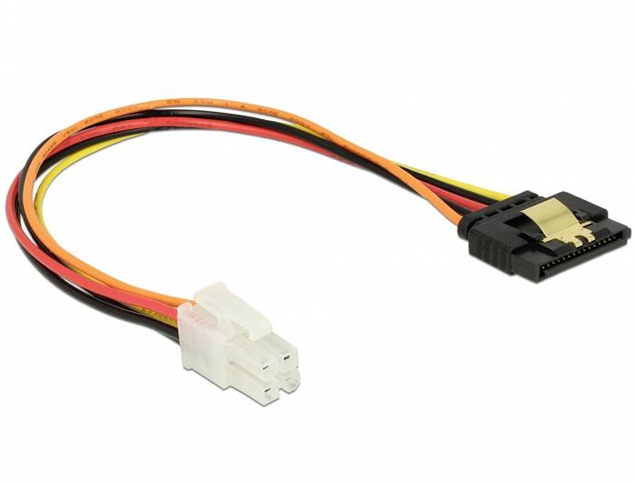 Ein SATA-Stromadapterkabel mit einem weißen 4-poligen und einem schwarzen 15-poligen Stecker, verbunden durch rote, schwarze und gelbe Drähte.