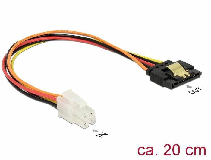 Energieadapterkabel mit roten, gelben und schwarzen Drähten, verbindet einen weißen und einen schwarzen Stecker, Länge ca. 20 cm.