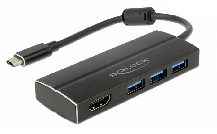 Ein USB-C-auf-HDMI-Adapter mit drei USB-Anschlüssen, markiert mit 'DeLOCK', zur Verbindung mehrerer Geräte mit einem Computer.