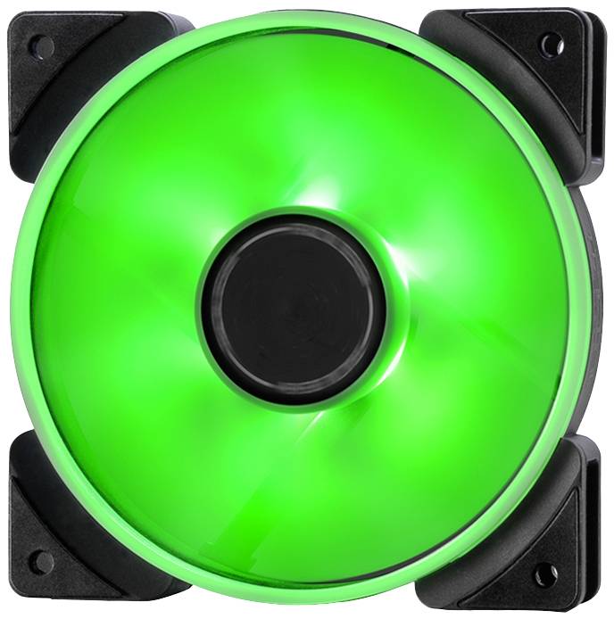Ein Computerlüfter mit leuchtend grünem LED-Licht, montiert in schwarzem Gehäuse, dient zur Kühlung in elektronischen Geräten.