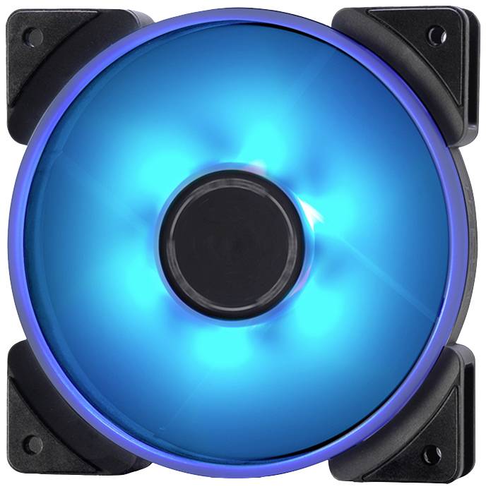 Ein leuchtender blauer Computerlüfter mit schwarzer Halterung. Die Beleuchtung sorgt für einen futuristischen Look und kühlt den PC.