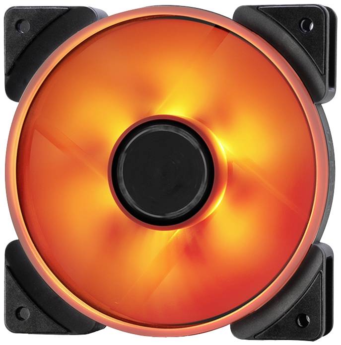 Leuchtender Computerlüfter mit orangefarbenem LED-Licht, rund, schwarzes Zentrum und Befestigungen an den Ecken.