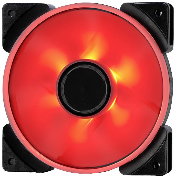 Runder, roter Computerlüfter mit leuchtenden LED-Lichtern und schwarzer Halterung in den Ecken.