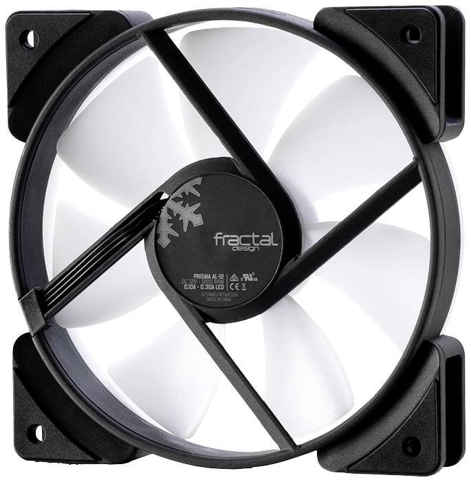 Schwarz-weißer Computerlüfter mit acht Flügeln und symmetrischem Design; Logo von 'fractal design' auf der Mittelachse.