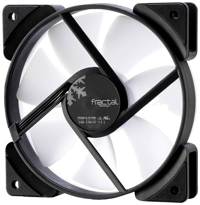 Ein weißer Computerlüfter mit schwarzen Akzenten, hergestellt von Fractal Design.