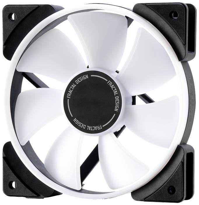 Computer-Lüfter mit weißem achtblättrigem Rotor und schwarzem Rahmen. Text 'Fractal Design' auf der Nabe.