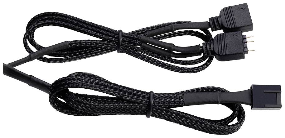 Schwarzes, geflochtenes Kabel mit zwei Anschlüssen am oberen Ende und einem Anschluss am unteren Ende, verwendet für elektronische Verbindungen.
