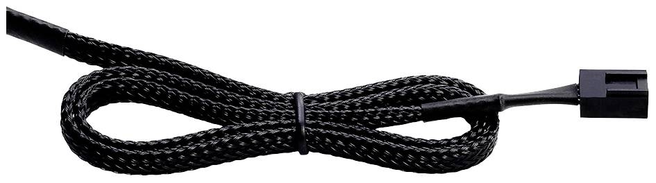 Ein geflochtenes schwarzes Kabel mit einem Anschluss am Ende, verwendet zur Stromversorgung oder Datenverbindung.