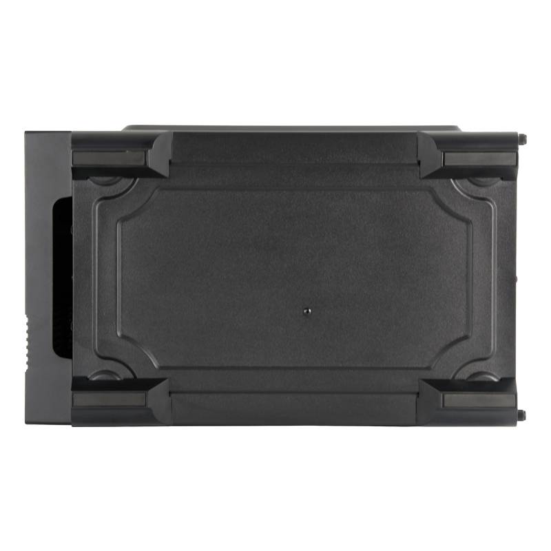 Schwarzes, rechteckiges Gerät, möglicherweise elektrisches Gehäuse oder Gehäuse, von oben aufgenommen.