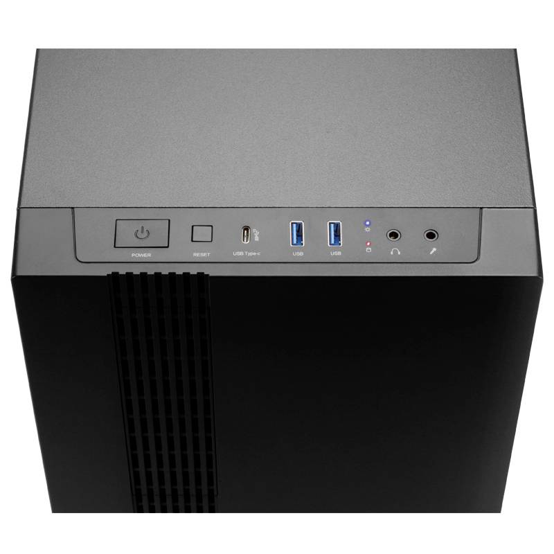Schwarzes Computergehäuse von oben, mit Power- und Reset-Knopf, USB- und Audio-Anschlüssen.