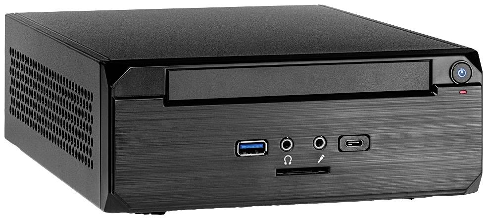 Kompakter schwarzer Mini-PC mit USB- und Audiobuchsen an der Vorderseite, ideal für platzsparende Computeranwendungen.