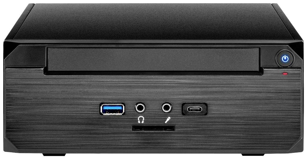Ein schwarzer Mini-PC, Ansicht von vorne. Er verfügt über einen USB-Anschluss, Audioanschlüsse und einen Netzschalter.