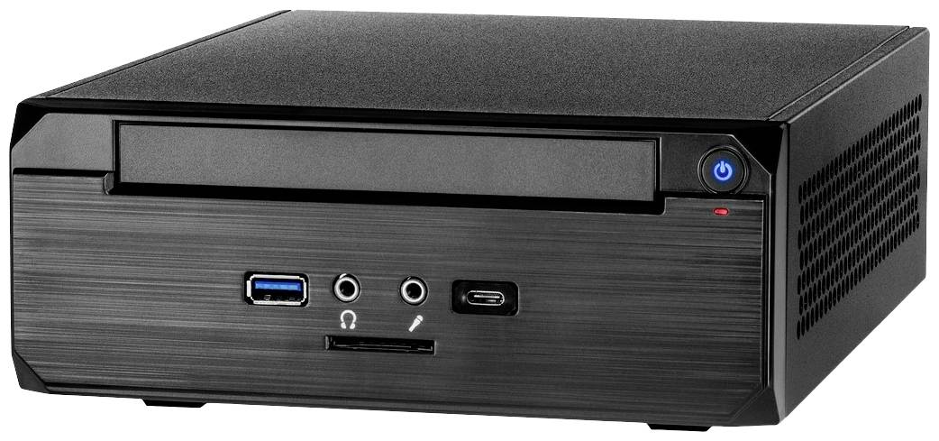 Ein kleiner Desktop-Computer im schwarzen Gehäuse mit USB- und Audioanschlüssen an der Front. Der Einschaltknopf leuchtet blau.