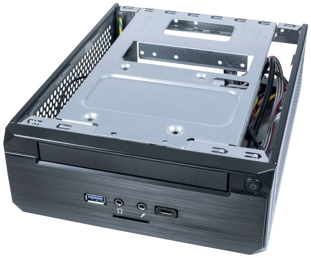 Ein offenes Desktop-Computergehäuse mit einem sichtbaren USB-Anschluss, Kopfhöreranschluss und Einschaltknopf auf der Vorderseite.