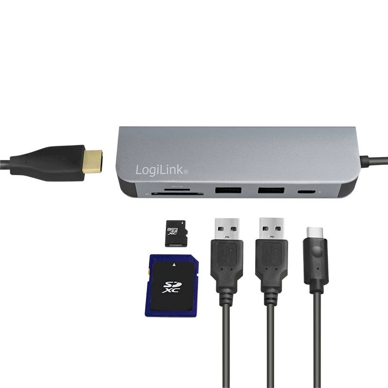Ein USB-C-Hub mit mehreren Anschlüssen, darunter USB-A, HDMI, SD-Kartenleser und weitere. Zeigt den Anschluss verschiedener Geräte.