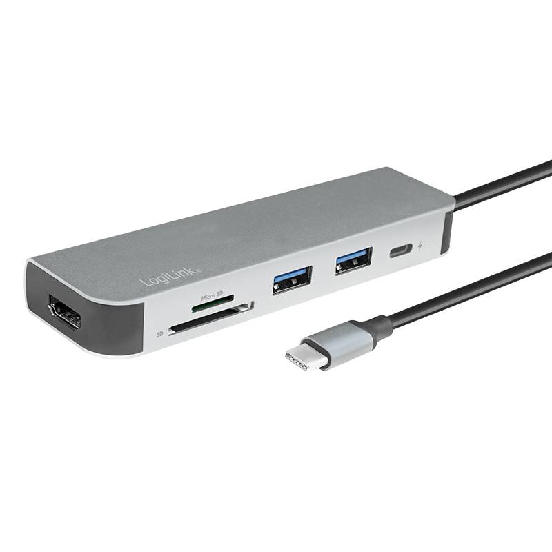 Rechteckiger USB-C-Hub mit HDMI-, SD-, MicroSD-, USB- und USB-C-Anschlüssen. Verbindungsstück und Kabel sichtbar.