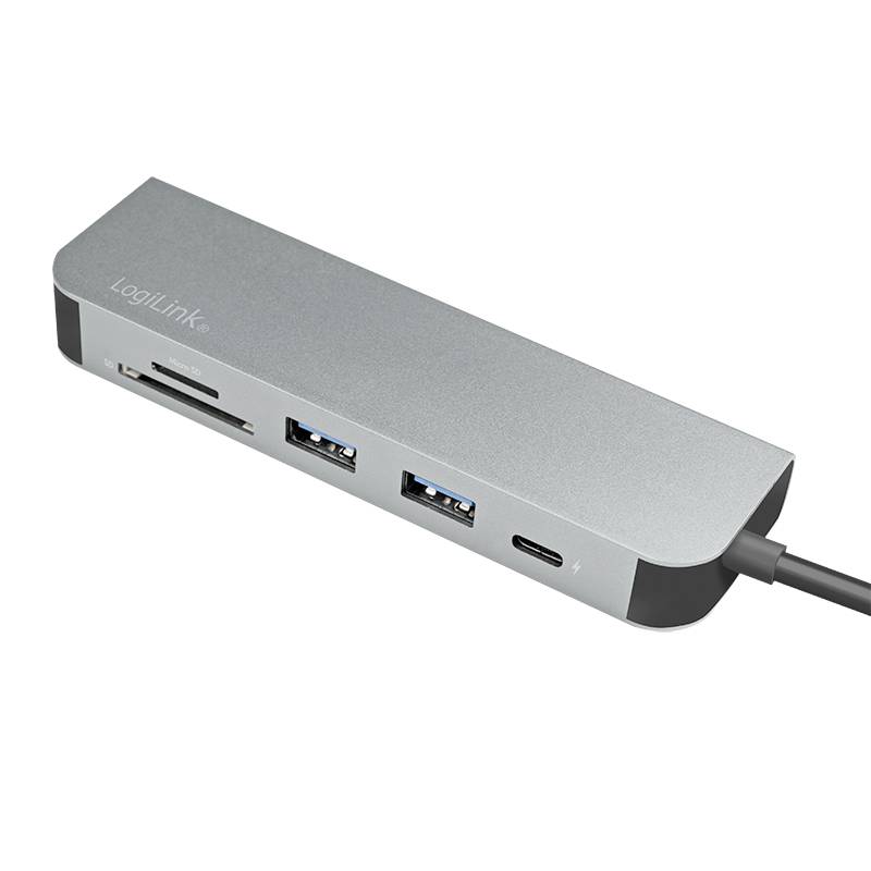 Ein silberfarbener USB-Hub mit mehreren Anschlüssen, darunter zwei USB-Anschlüsse und ein USB-C-Anschluss, von der Marke LogiLink.