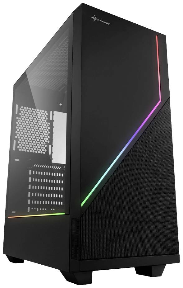 Ein schwarzes Computergehäuse mit einem diagonal verlaufenden RGB-Lichtstreifen und einer durchsichtigen Seitenwand.