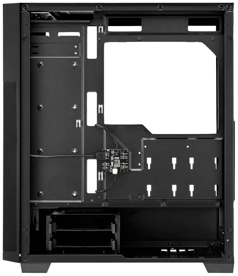 Schwarzes Computergehäuse ohne Komponenten, mit Sichtfenster und mehreren Montageplätzen für Datenträger und Lüfter.