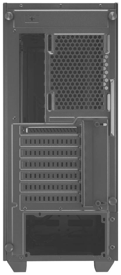 Rückseite eines Computergehäuses mit mehreren Erweiterungsslots und Lüftungsgitter.