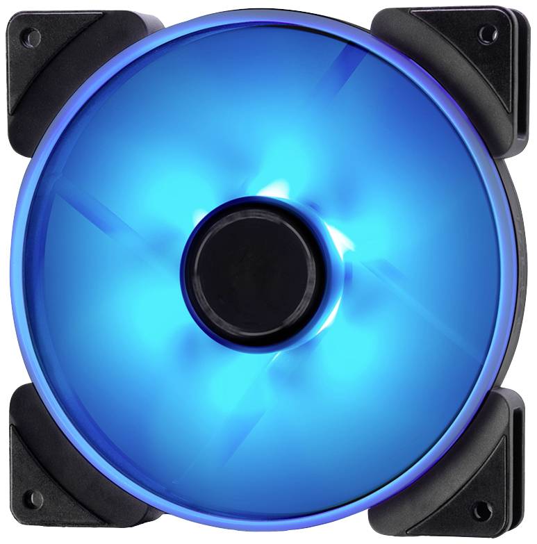Blauer LED-Computerlüfter in runder Form mit schwarzem Rahmen; leuchtet hellblau und ist für Kühlung und Beleuchtung von PC-Komponenten gedacht.