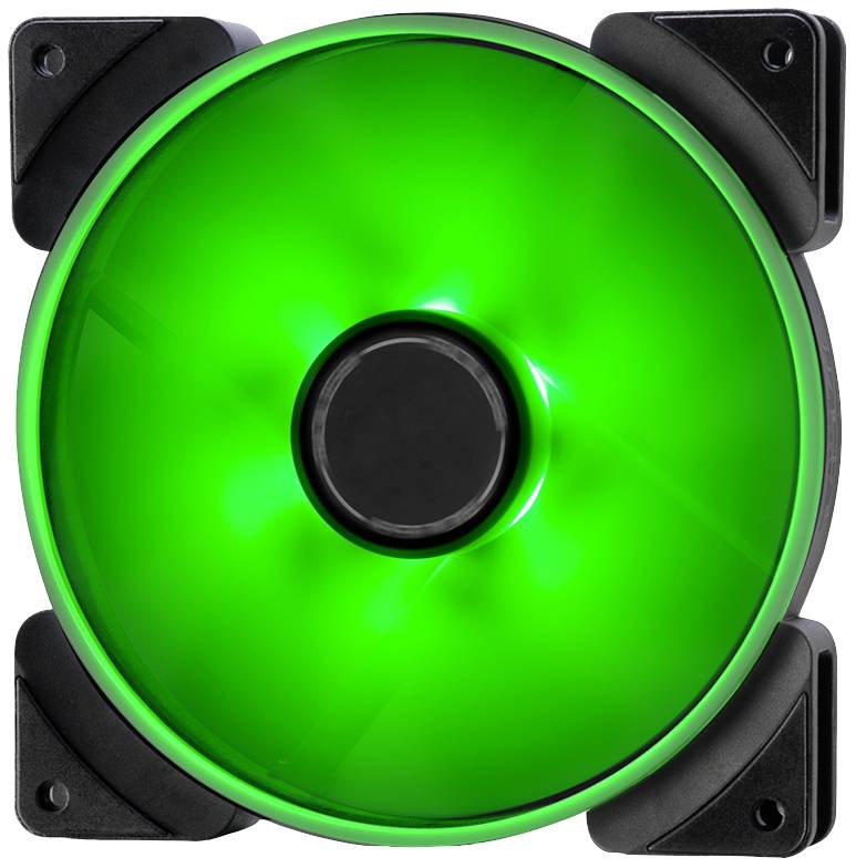 Ein grüner, leuchtender Computerlüfter in quadratischem Rahmen.
