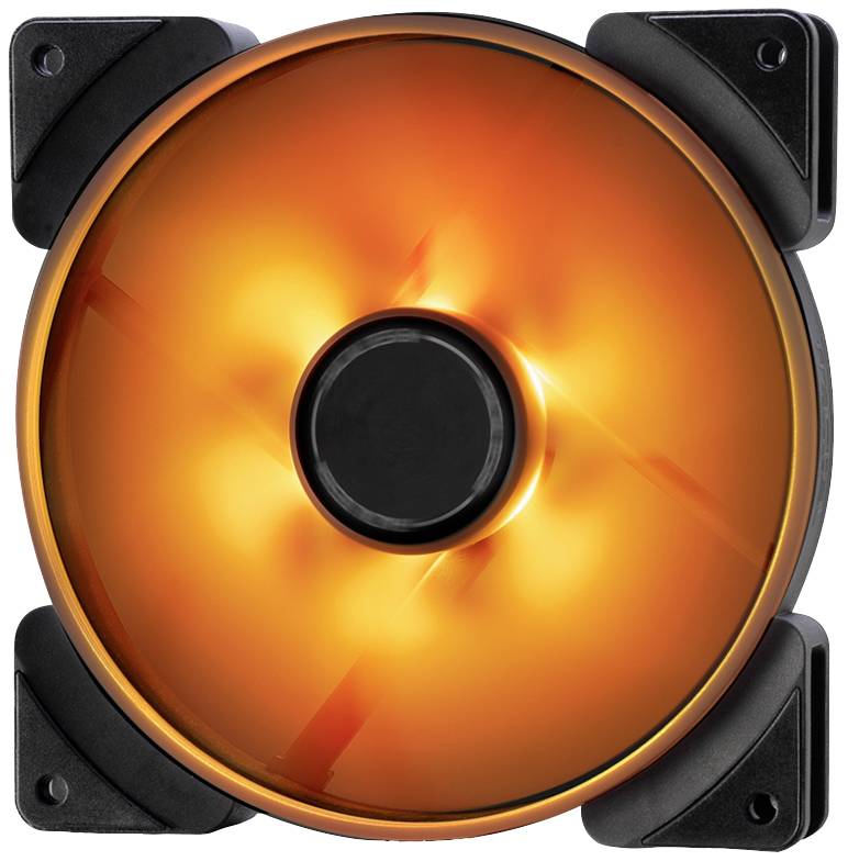 Ein orange leuchtender Computerlüfter in quadratischem Gehäuse. Vier schwarze Eckhalterungen fixieren den Lüfter.