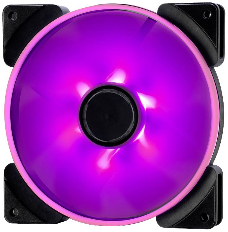 RGB-Computerlüfter mit leuchtendem lila Licht, viereckigem Rahmen und schwarzem Gehäuse. Wichtiger Bestandteil für PC-Kühlung.