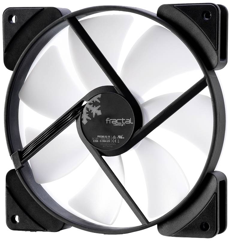 Ein weißer Computerlüfter mit fünf Flügeln, montiert auf einem schwarzen Rahmen, mit dem Logo von Fractal Design in der Mitte.