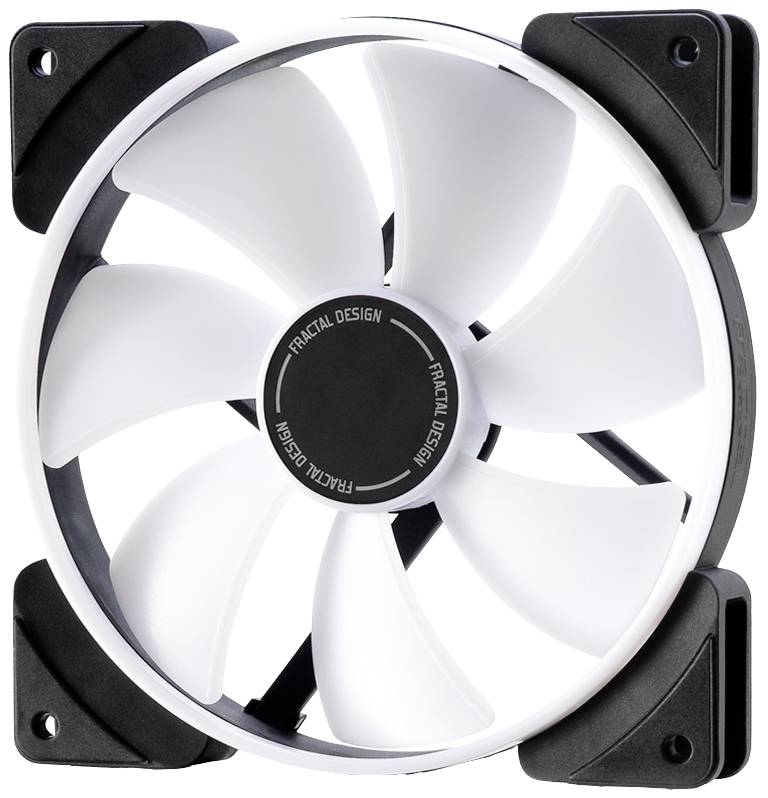 Ein weißer PC-Lüfter mit sechs Blättern, montiert in einem schwarzen Rahmen. Ideal zur Kühlung von Computergehäusen.