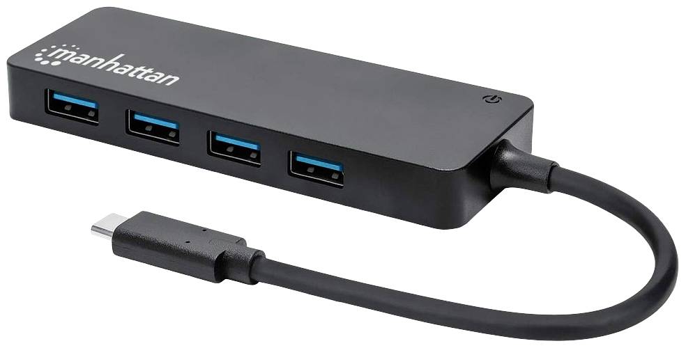 Schwarzes USB-C-Hub mit vier USB-3.0-Anschlüssen und einem angeschlossenen Kabel auf der rechten Seite, Marke 'manhattan'.