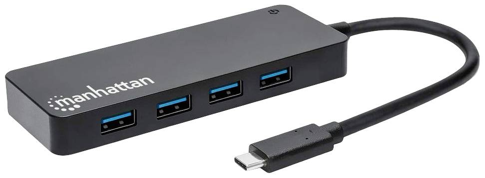 Ein schwarzer USB-C-Hub mit vier USB-3.0-Anschlüssen und einem kurzen Kabel, markiert mit dem Logo 'manhattan'.