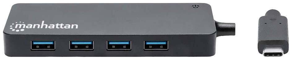 USB-Hub mit vier blauen USB-3.0-Anschlüssen und einer USB-C-Verbindung, geeignet für die Erweiterung der Anschlussmöglichkeiten an Computern.