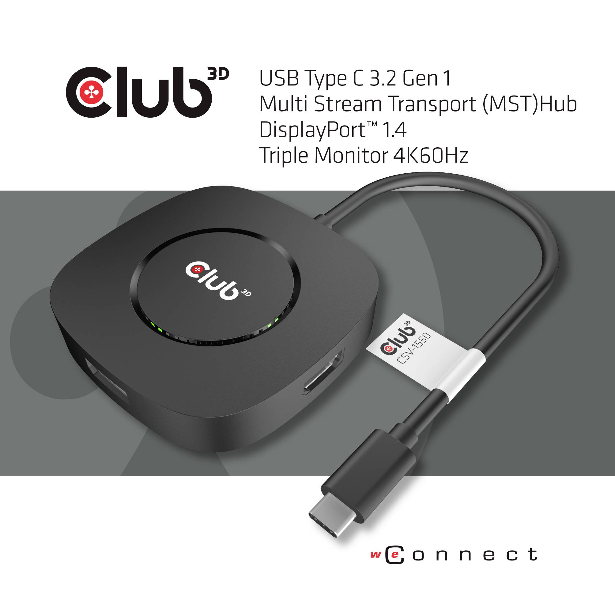 Club 3D Multi Stream Transport Hub für USB Type C. Unterstützt Triple Monitor 4K bei 60Hz. DisplayPort 1.4 Kompatibilität.