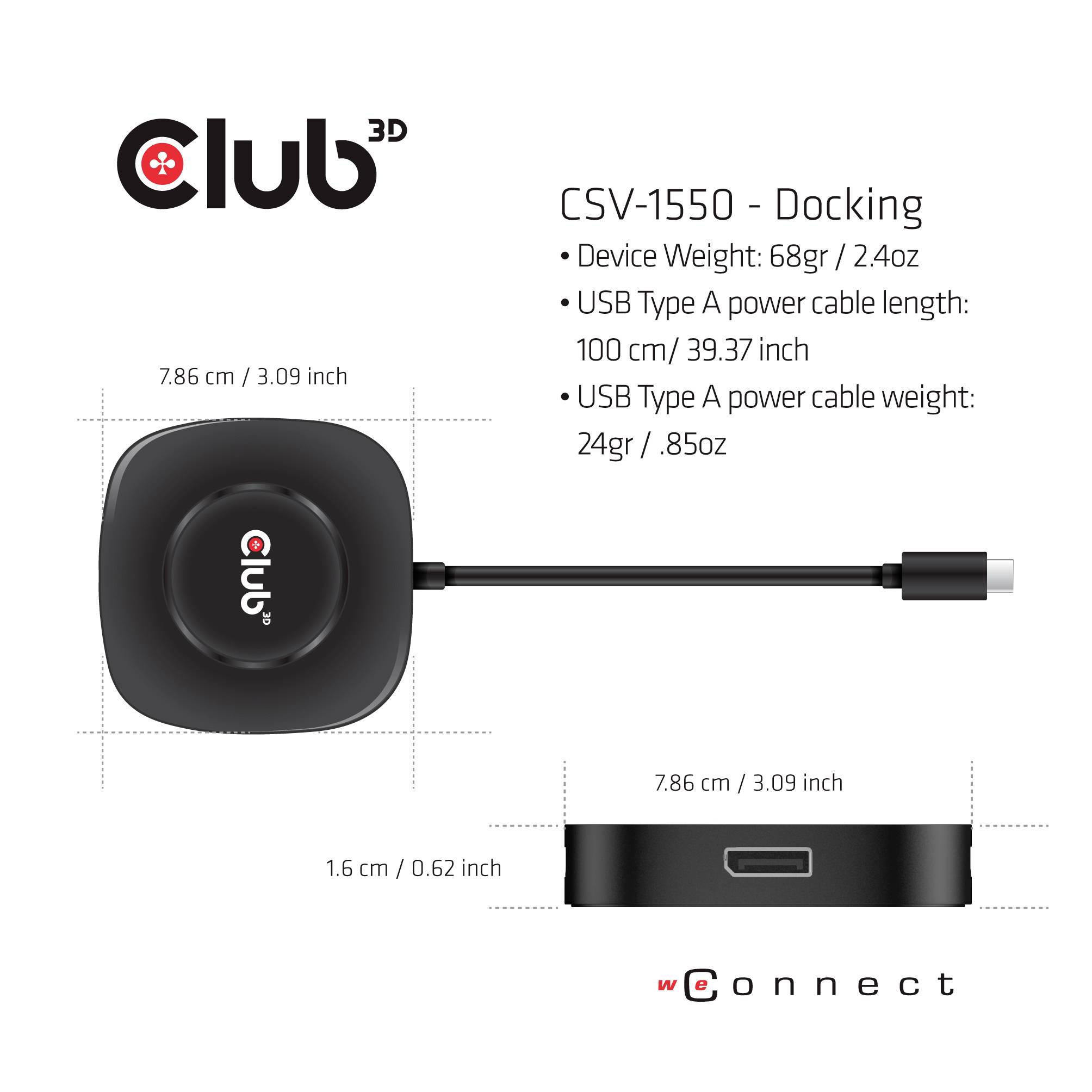 Obenansicht und Seitenansicht eines schwarzen Docking-Geräts mit abnehmbarem USB-Kabel; Maße und Gewicht des Geräts sind angegeben.