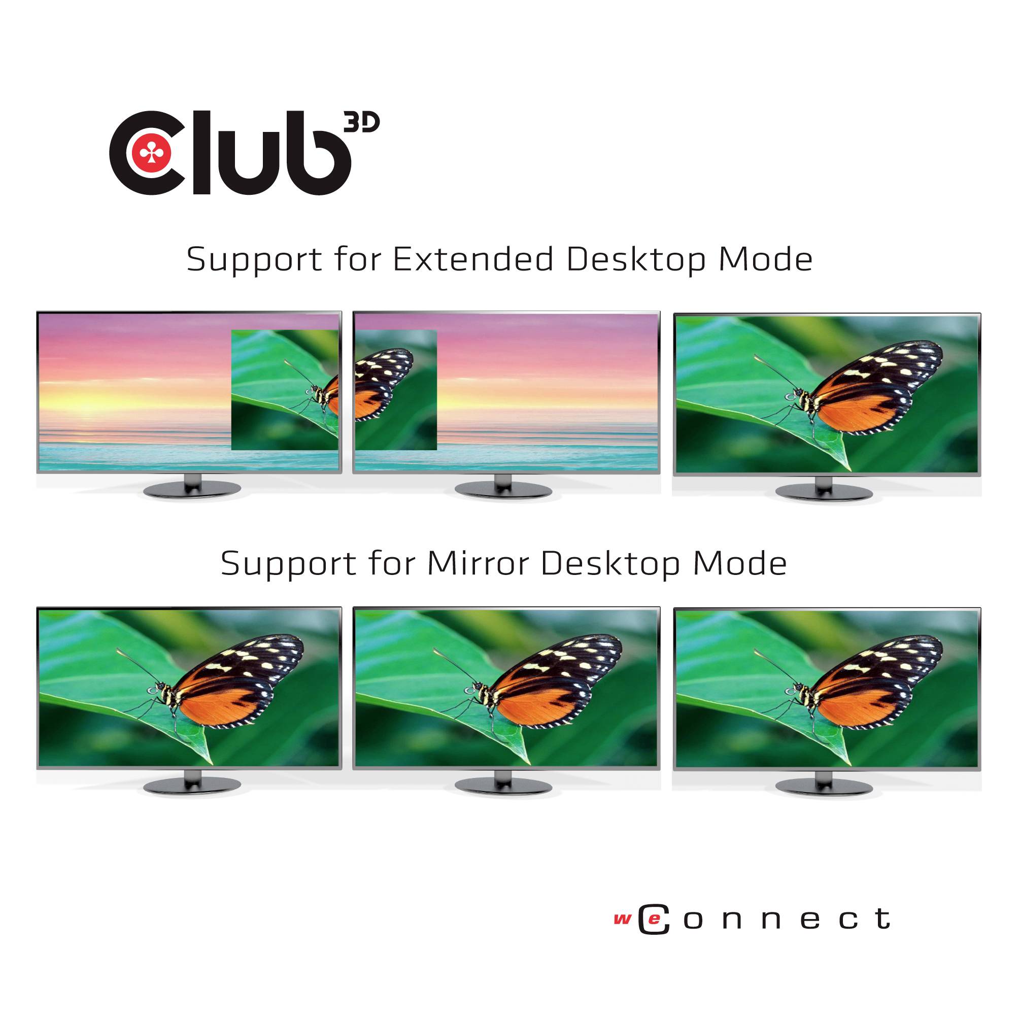 'Club 3D' Unterstützung für erweiterten und Spiegel-Desktop-Modus. Zwei Bildschirme zeigen unterschiedliche und identische Inhalte.