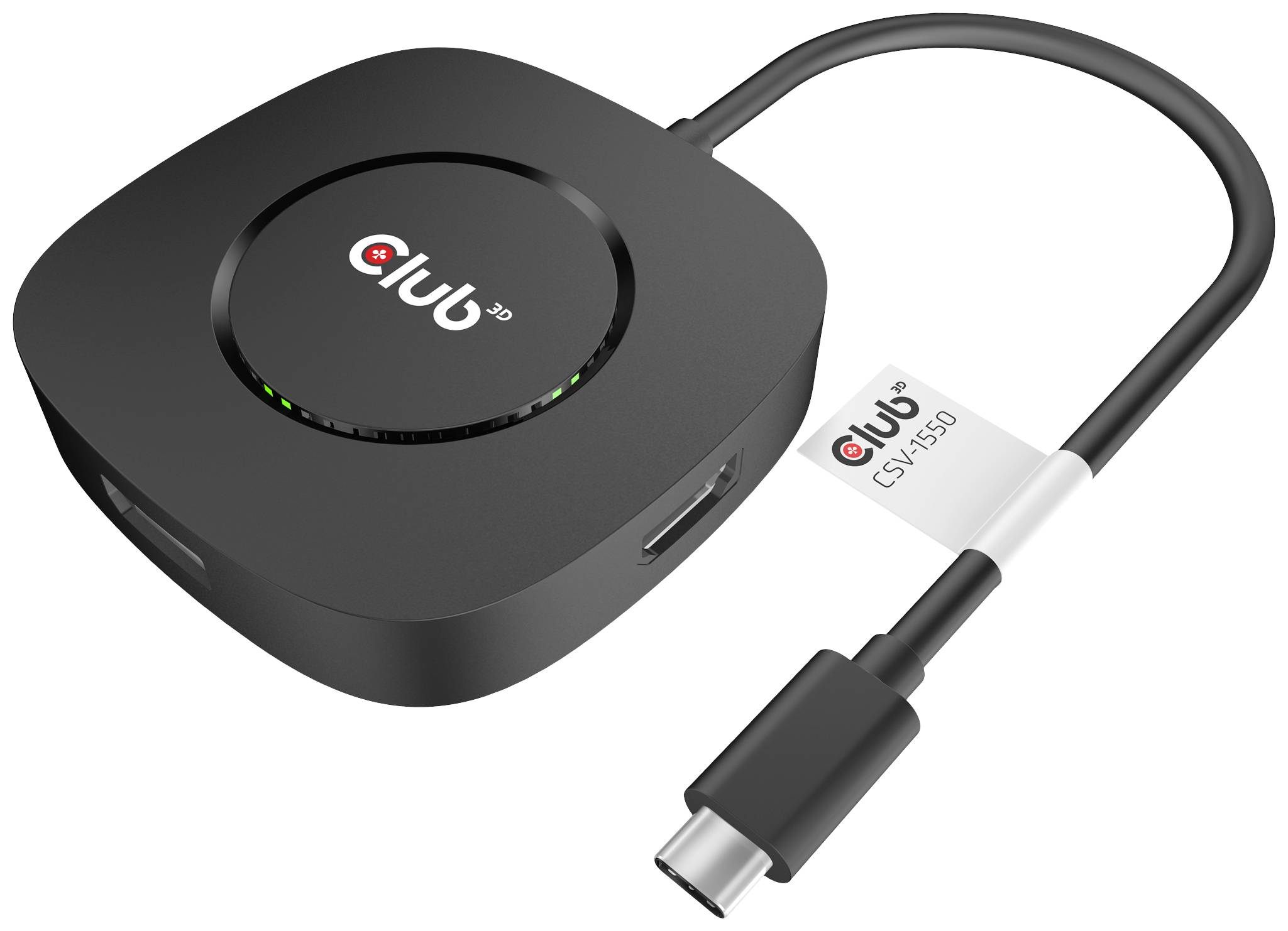 Ein schwarzer Adapter mit USB-C-Anschluss und HDMI-Ausgang von 'Club 3D'. Der Adapter ist für den Anschluss externer Displays geeignet.