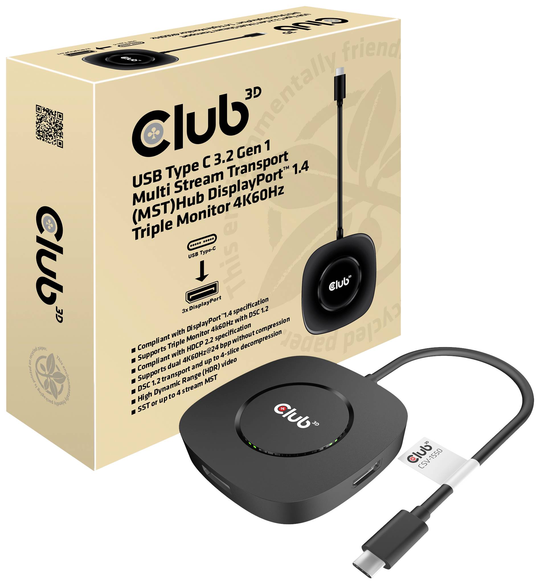 'Club 3D USB Type C 3.2 Gen 1 Multi Stream Transport Hub DisplayPort 1.4' Verpackung und Produkt abgebildet. Unterstützt Triple Monitor 4K/60Hz.
