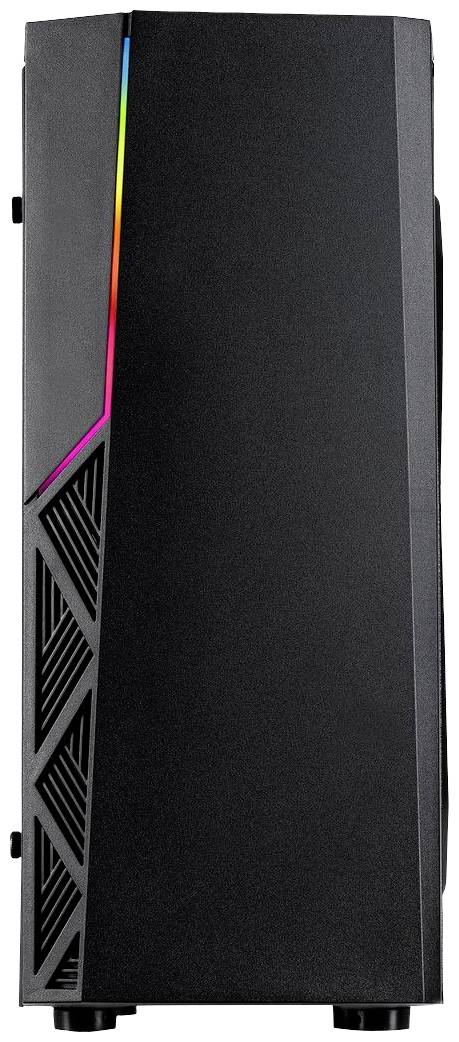 Ein modernes Computergehäuse mit einem schlichten schwarzen Design und einem dezenten, vertikalen RGB-Lichtstreifen an der Vorderseite.