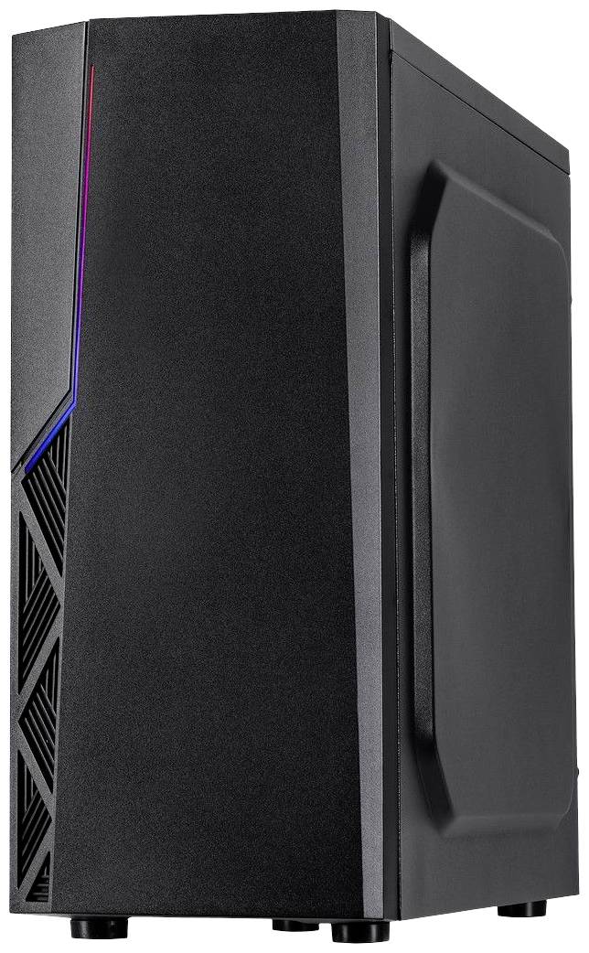 Schwarzes Computergehäuse mit minimalistischem Design, Seitenansicht. Enthält Lüftungsschlitze und dezente LED-Leuchtdioden an der Front.