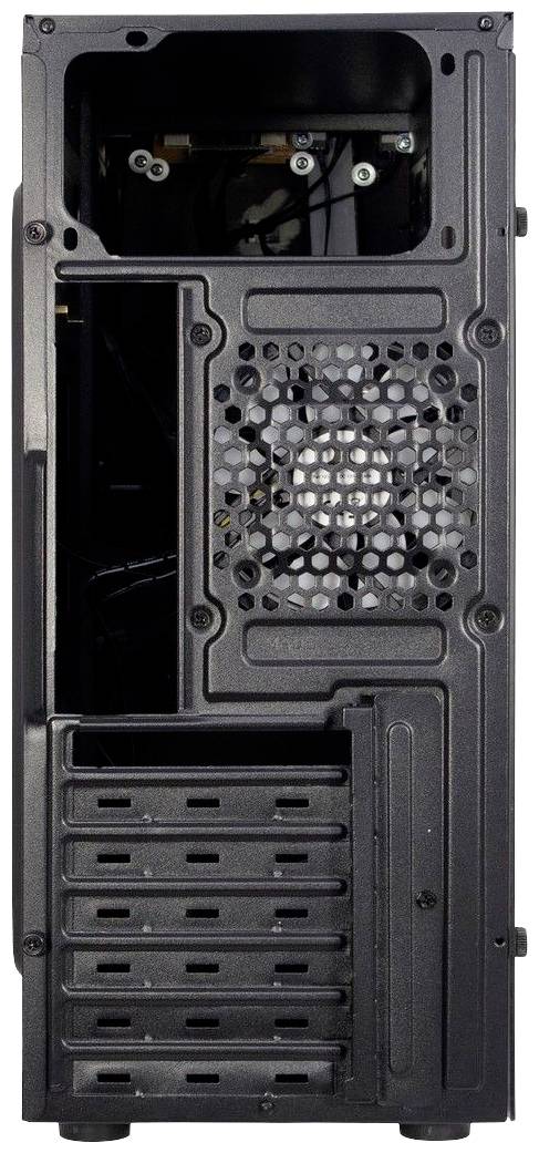 Rückseite eines Computergehäuses mit Lüfter und mehreren Erweiterungsslots. Das Gehäuse ist offen und zeigt interne Befestigungsschrauben.