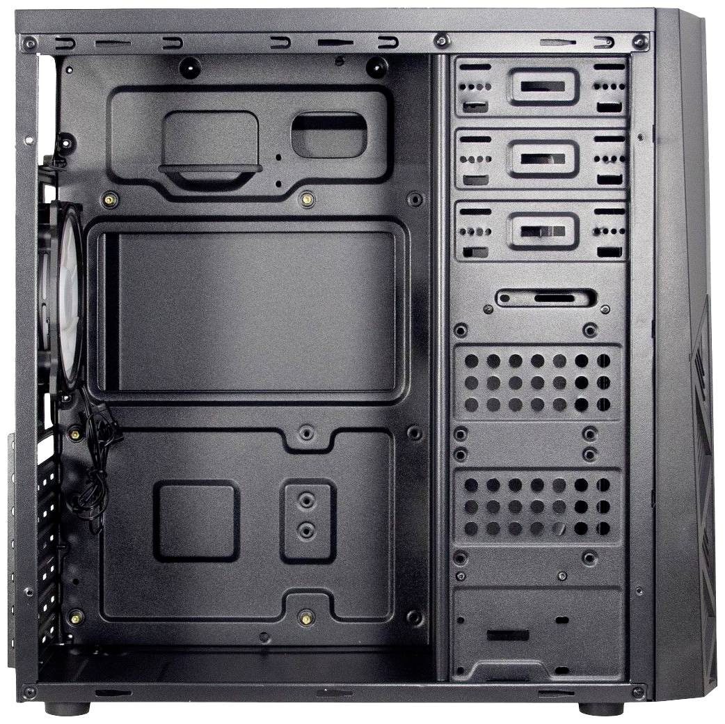 Das Bild zeigt das Innere eines leeren Computergehäuses mit mehreren Festplatteneinschüben und einem Lüfter auf der linken Seite.